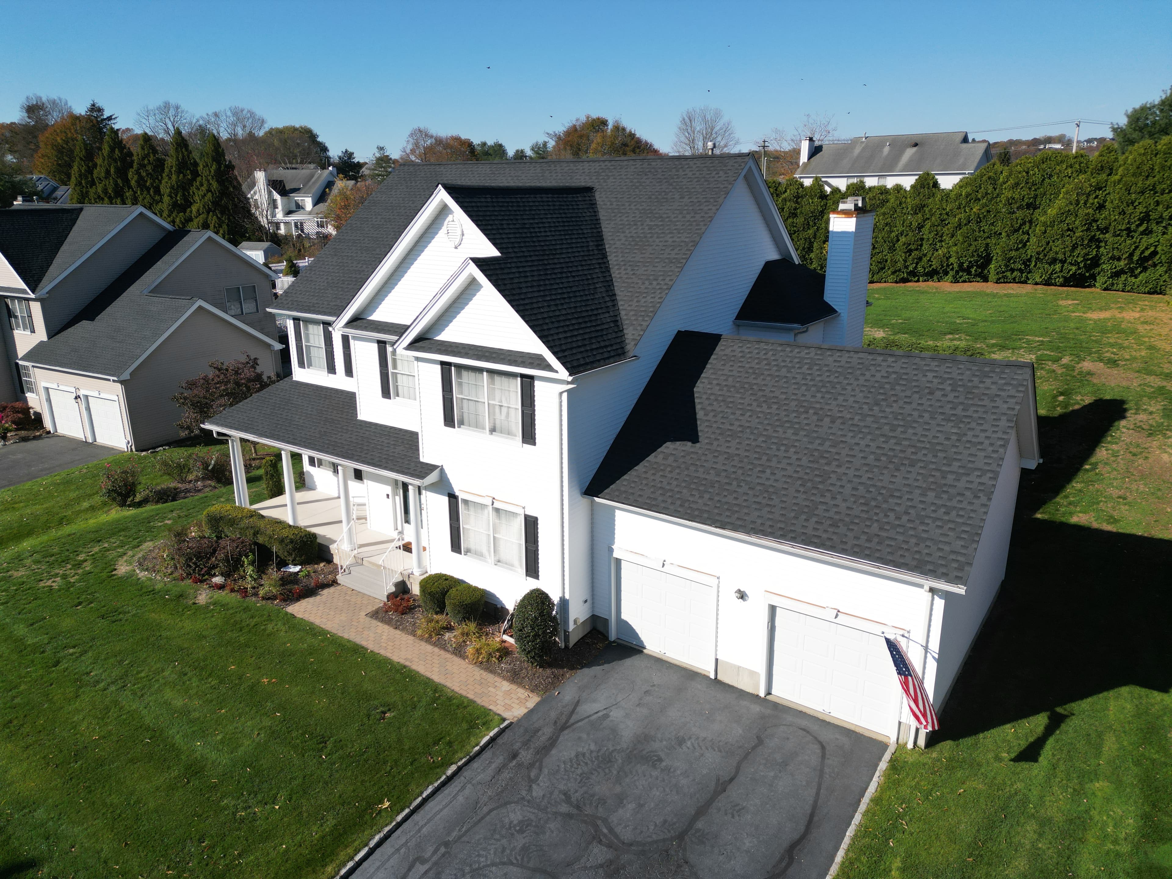 Great River neighborhood roof replacement Milford CT aerial view showing expert workmanship