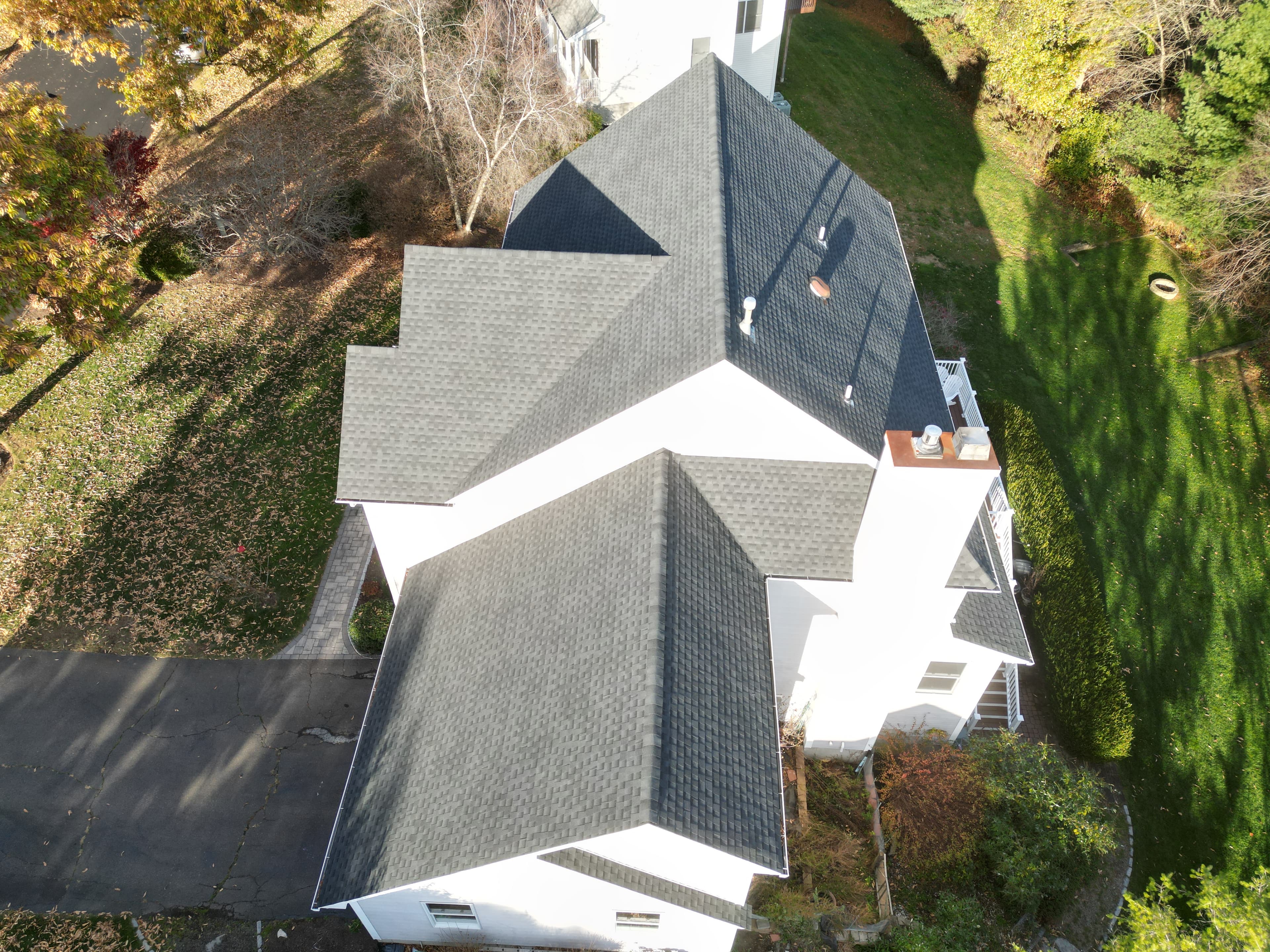 Aerial view of completed roof installation Milford Connecticut by licensed contractor
