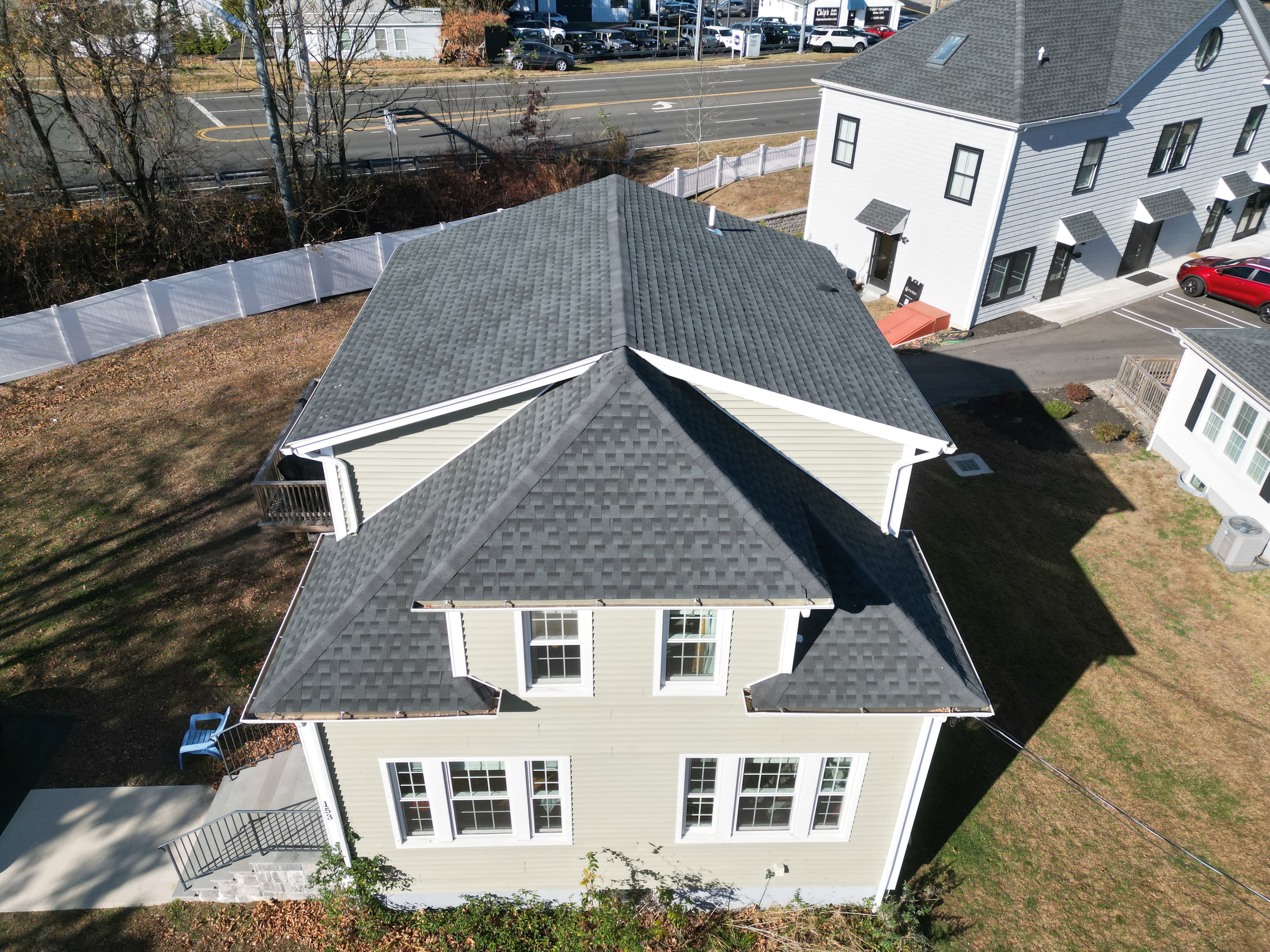 Professional Milford roofing installation aerial drone photograph showing quality work