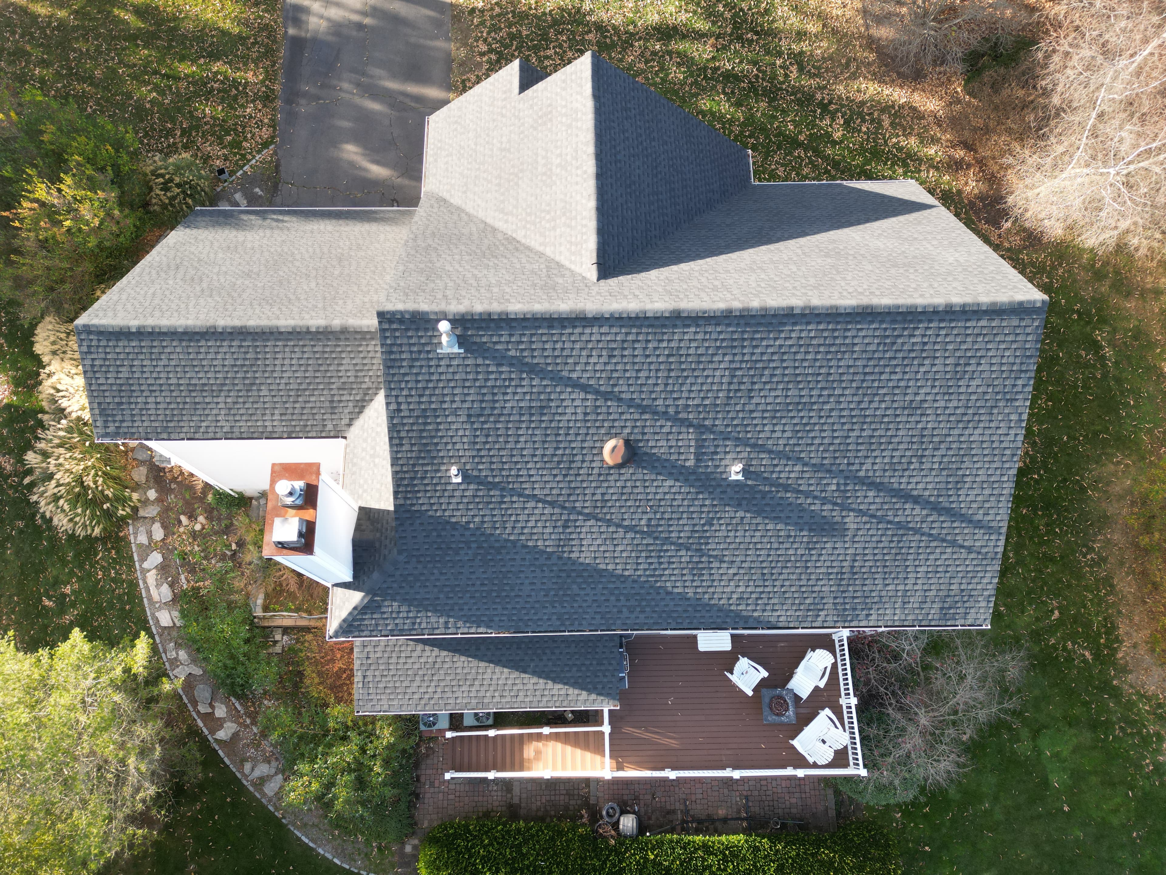 Milford roofing contractor completed project aerial view showing architectural shingles