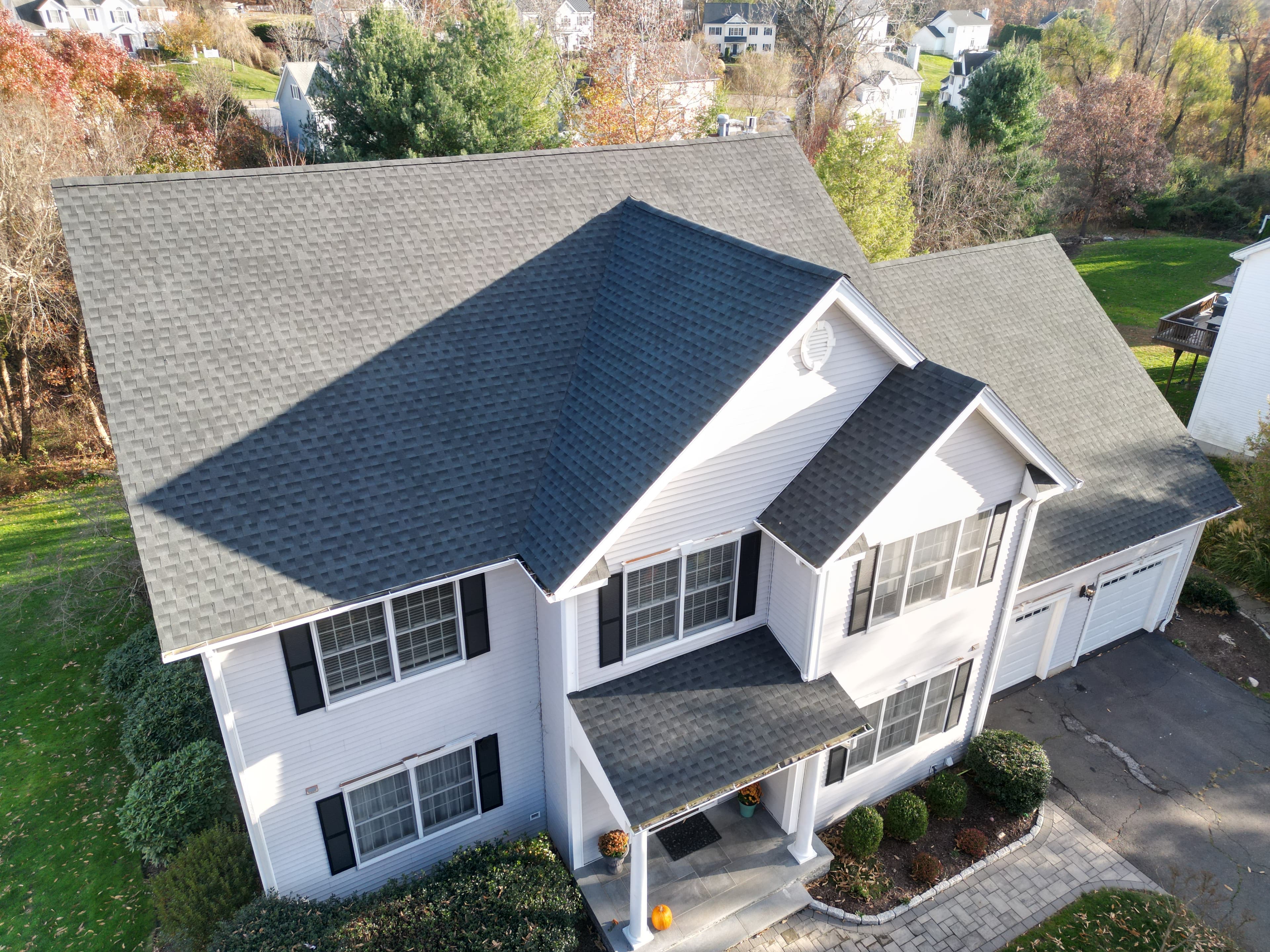 Connecticut roofing project aerial view showing complete roof replacement by PRC Builders